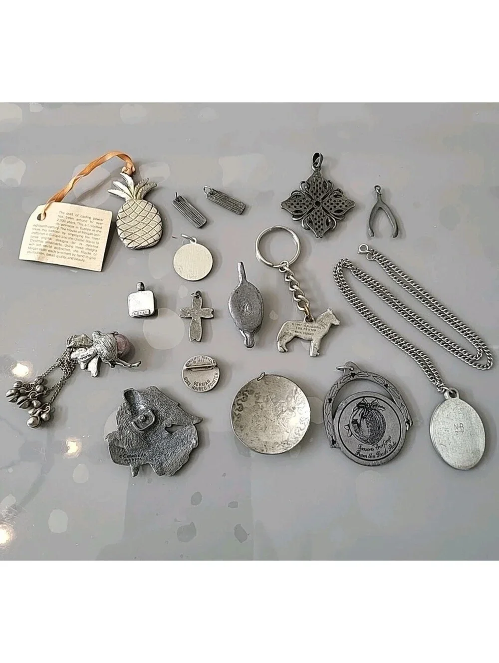 Vintage Signed Pewter Pcs Lot Of Charms Keychain Pin Chain See Up Close Pics